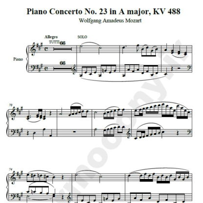 نت پیانو Piano Concerto No. 23 in A major KV 488 موتسارت