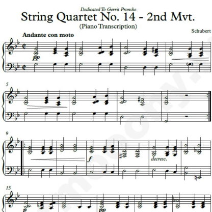 نت پیانو String Quartet No.14 Piano Transcription 2nd Movement شوبرت