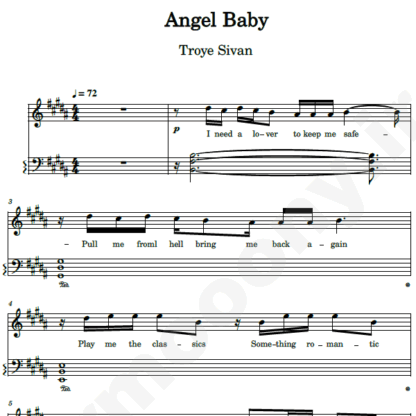نت پیانو angel baby troye sivan