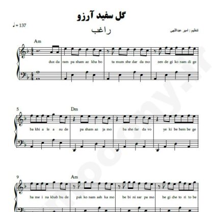 نت پیانو گل سفید آرزو راغب