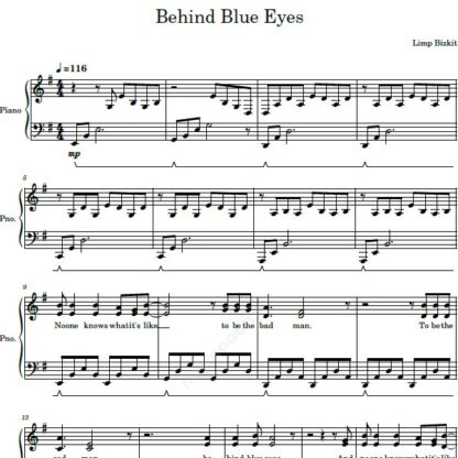 نت پیانو behind blue eyes limp bizkit