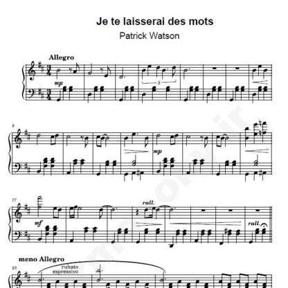 نت پیانو patrick watson je te laisserai des mots